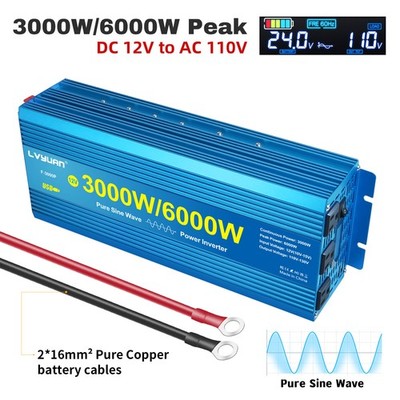 3000W 6000W Pure Sine Wave Power Inverter DC 12V to 110V LCD 3AC 2USB Camping
