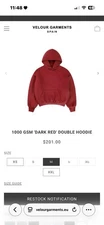 1000 gsm ‘Dark Red’ Double Hoodie Velour Garments Hoodie