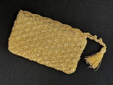 Vintage Lined Gold Metallic Crochet Clutch Evening Bag w/ Tassel