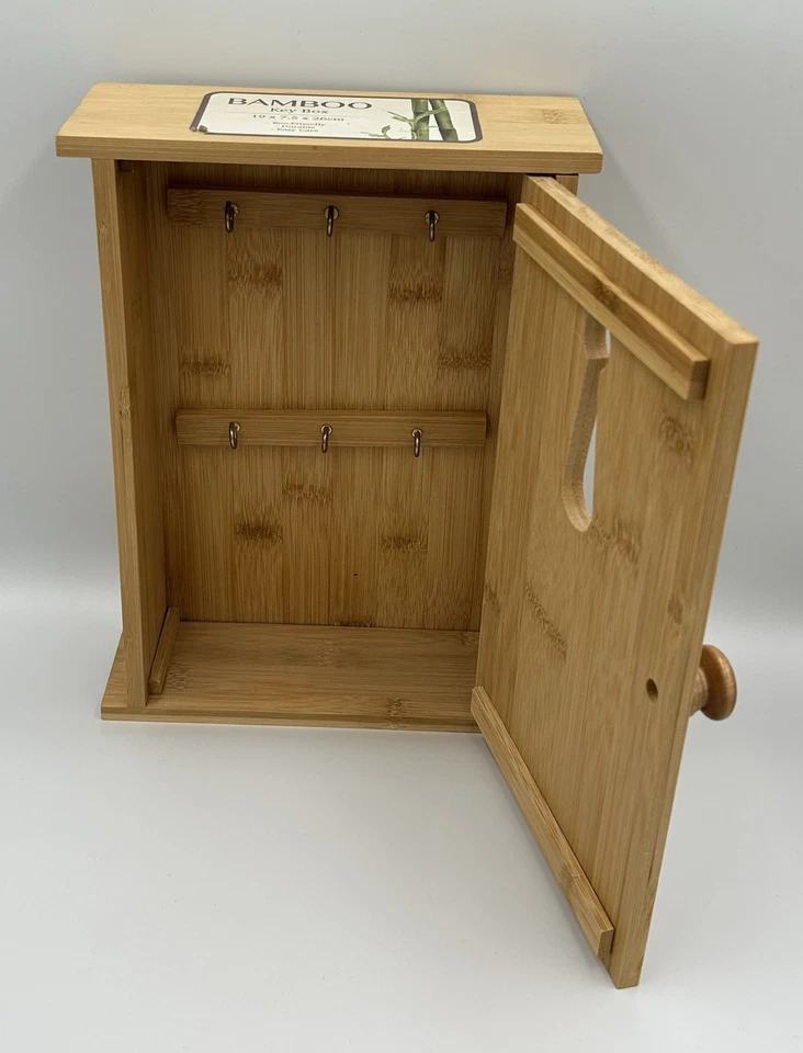 Hangable Bamboo Wood Key Holder House/Car Key Storage Cabinet 6 Hook - Image 4 of 4