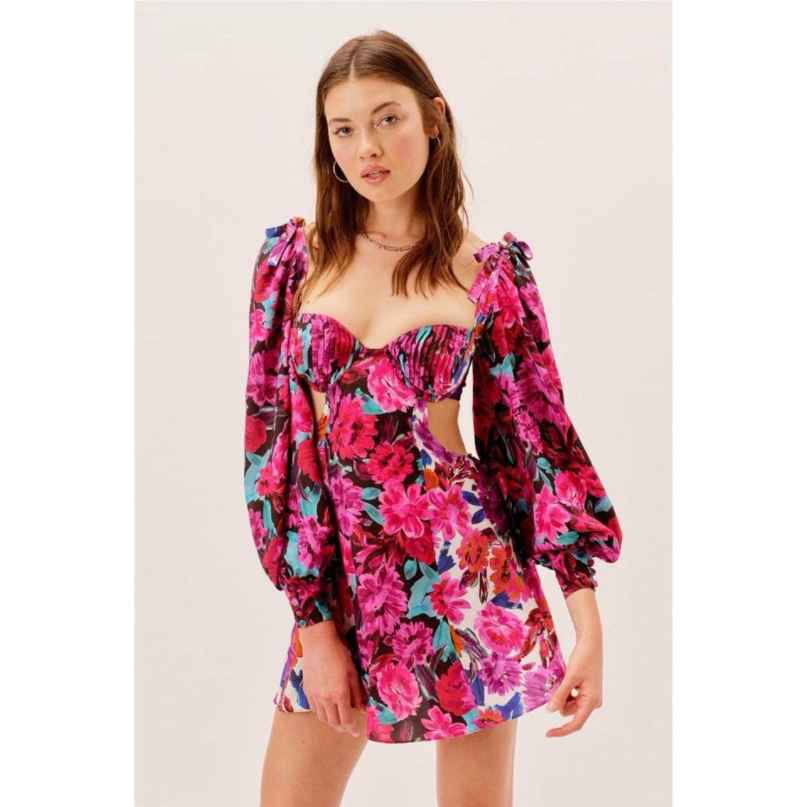 For Love And Lemons Scarlett Mini Puff Sleeve Dress Pink Floral Women’s Large