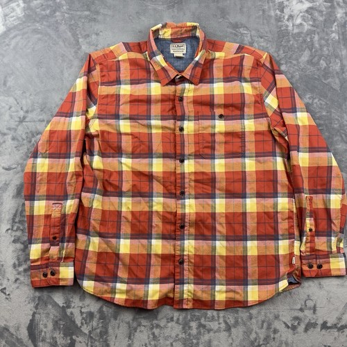 Camisa LL Bean Para Hombres Talla L Naranja Cuadros BeanFlex Toda Temporada Manga Larga Franela