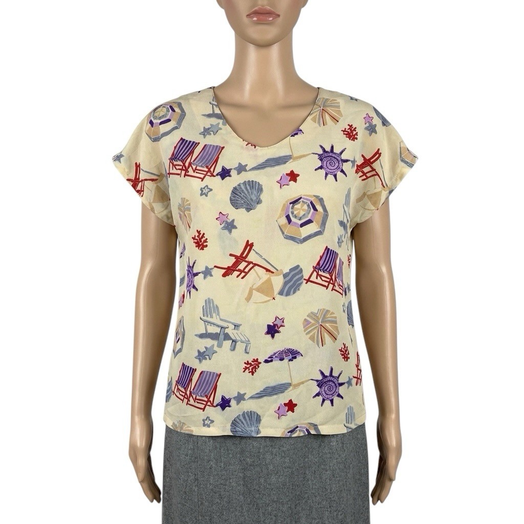 Womens Vintage Seaside Patterned Top Beige 90s Capped Sleeve Retro Boho Indie 14