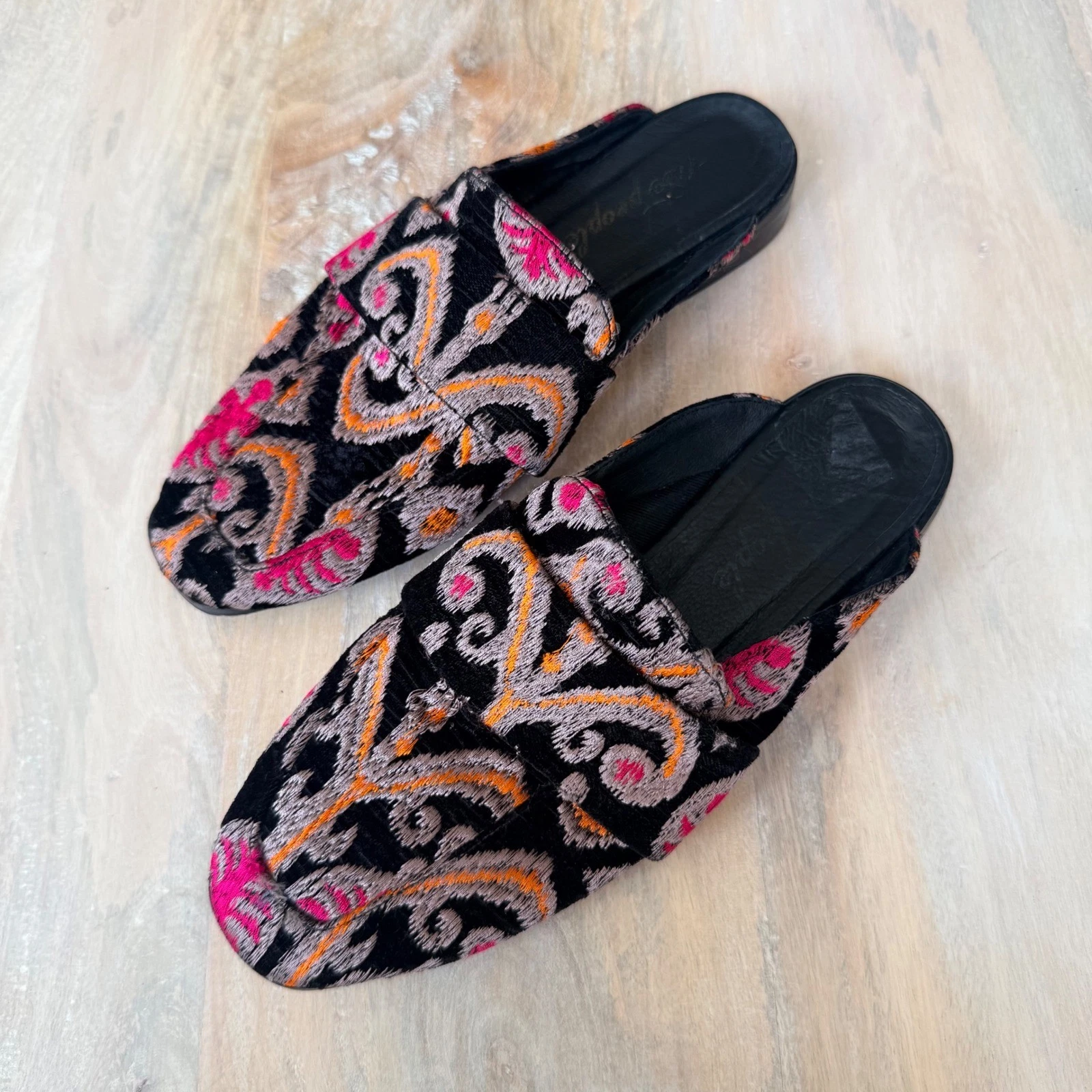 Free People Embroidered Velvet Mules Black Pink Boho Loafers Festival statement