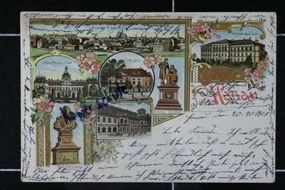 Litho Hanau 1905 gelaufen Zeichen-Akademie Theater Bad Rhein Main Golddruck - Bild 1 von 2