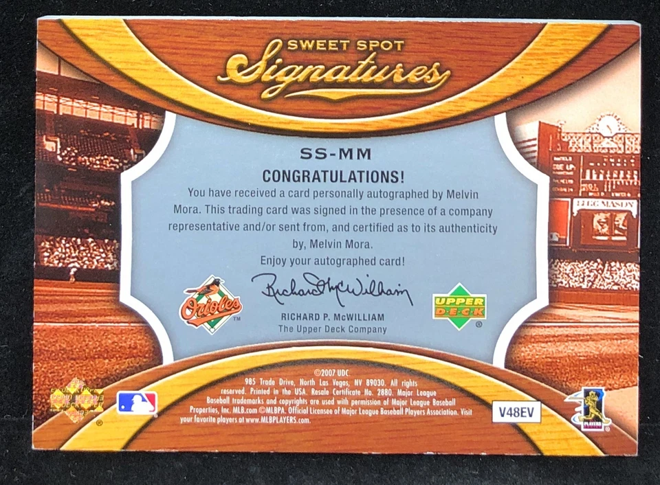 2007 Sweet Spot Melvin Mora 银色缝合黑色枪管签名金莺/10 SSP — 第 2/2 张图片