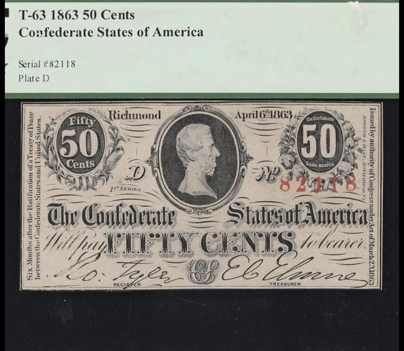 T-63 1863 Confederate States 50 Cents 50c Civil War Banknote Currency, PCGS 63 - Image 3 of 4
