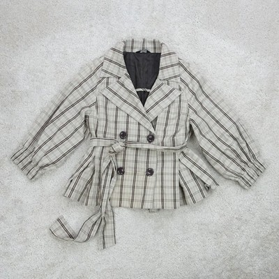 Vollkreis Trenchcoat Damen klein beige kariert zweireihig Gürtel Y2K 00s 