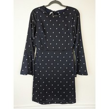 Banana Republic Dress Tie Back Pearl Print Long Bell Sleeve Navy Blue Size 4