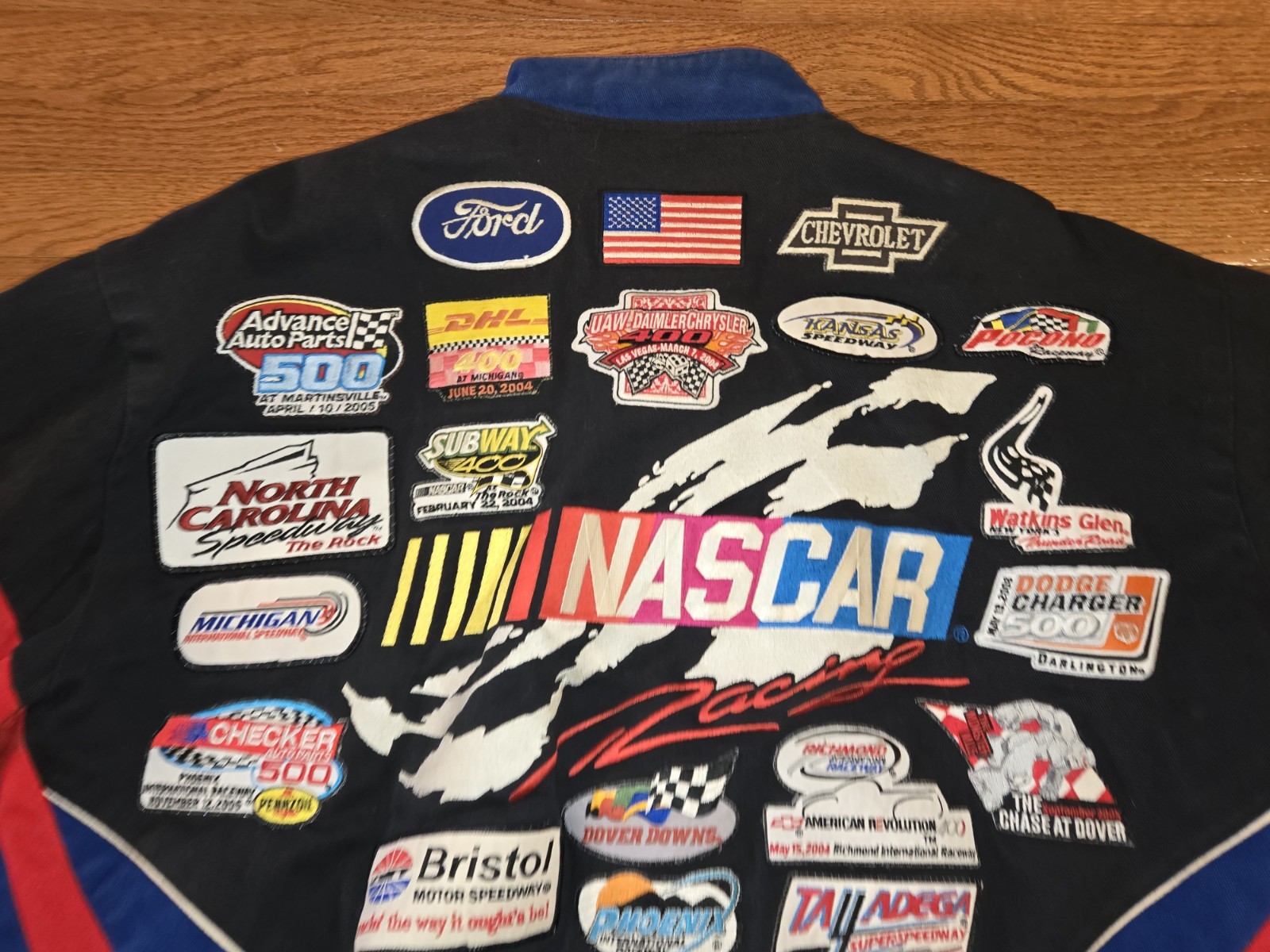 VTG JH DESIGN NASCAR RACING  JACKET CUSTOMIZED MANY PATCHES SIZE XL BLUE BLACK
