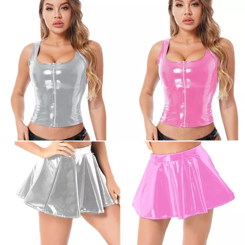 Women s PVC Leather Flared Skirts Wet Look Zipper Tank Top Shiny Party Clubwear eBay