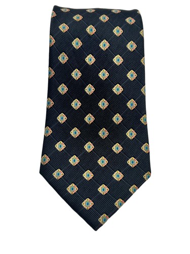 BRIONI LUXURY MEN'S NECK TIE CHARCOAL CHECK BRIGHT MEDALLION SMOOTH SILK ITALY