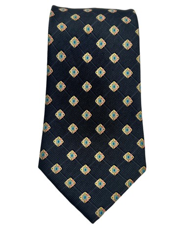 BRIONI LUXURY MEN'S NECK TIE CHARCOAL CHECK BRIGHT MEDALLION SMOOTH SILK ITALY - Picture 1 of 11