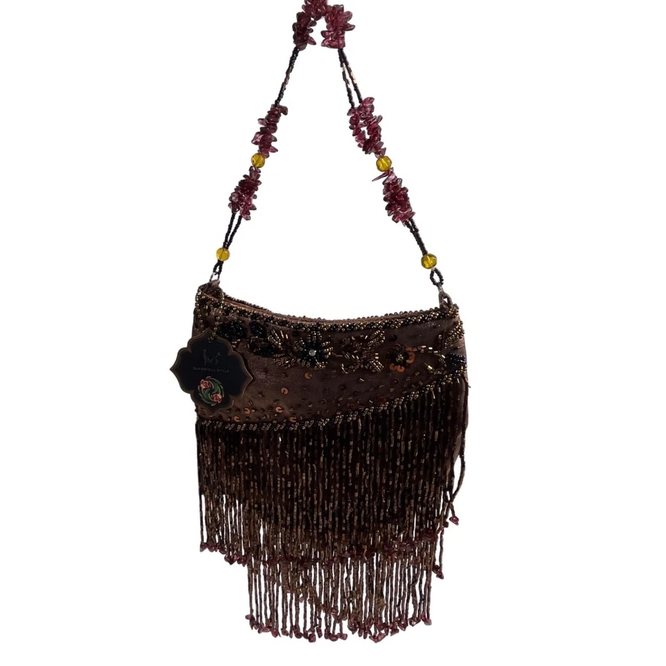 Bolso de Hombro De Colección Años 80 Estilo Clásico Para Mujer Marrón Floral Cuentas Talla S Foto 2 de 4