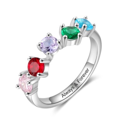 Personalized Mother's Day Ring 5 Birthstones Band Inner Engraving 925 Sterling