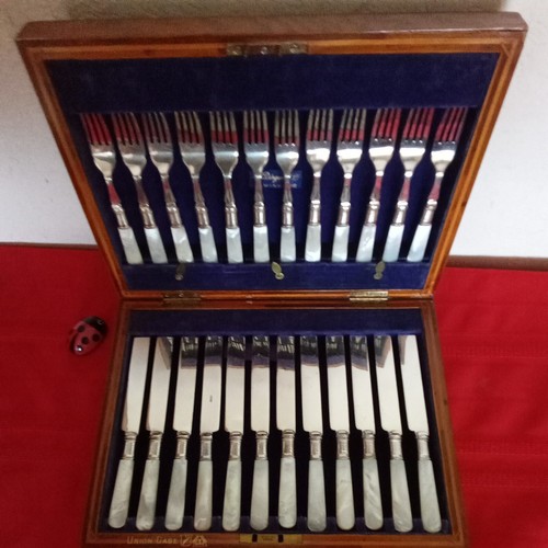 Antique RARE Mother Of Pearl Silverware Fork&Knife Fruit Set D. R. Dingwall - Picture 4 of 5
