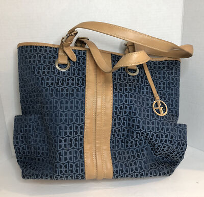 Giani Bernini Tan/Blue Tote Shoulder Bag Signature Logo Large Coin Purse  EUC