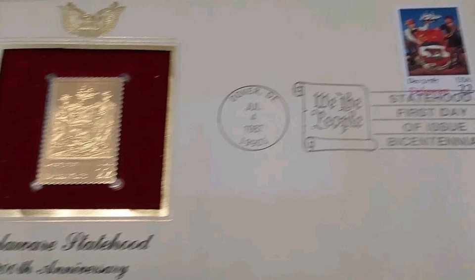 1987 Delaware Statehood 200th Anniversary Stamp 22kt Gold Replica 1st Day Cover - Image 3 of 4