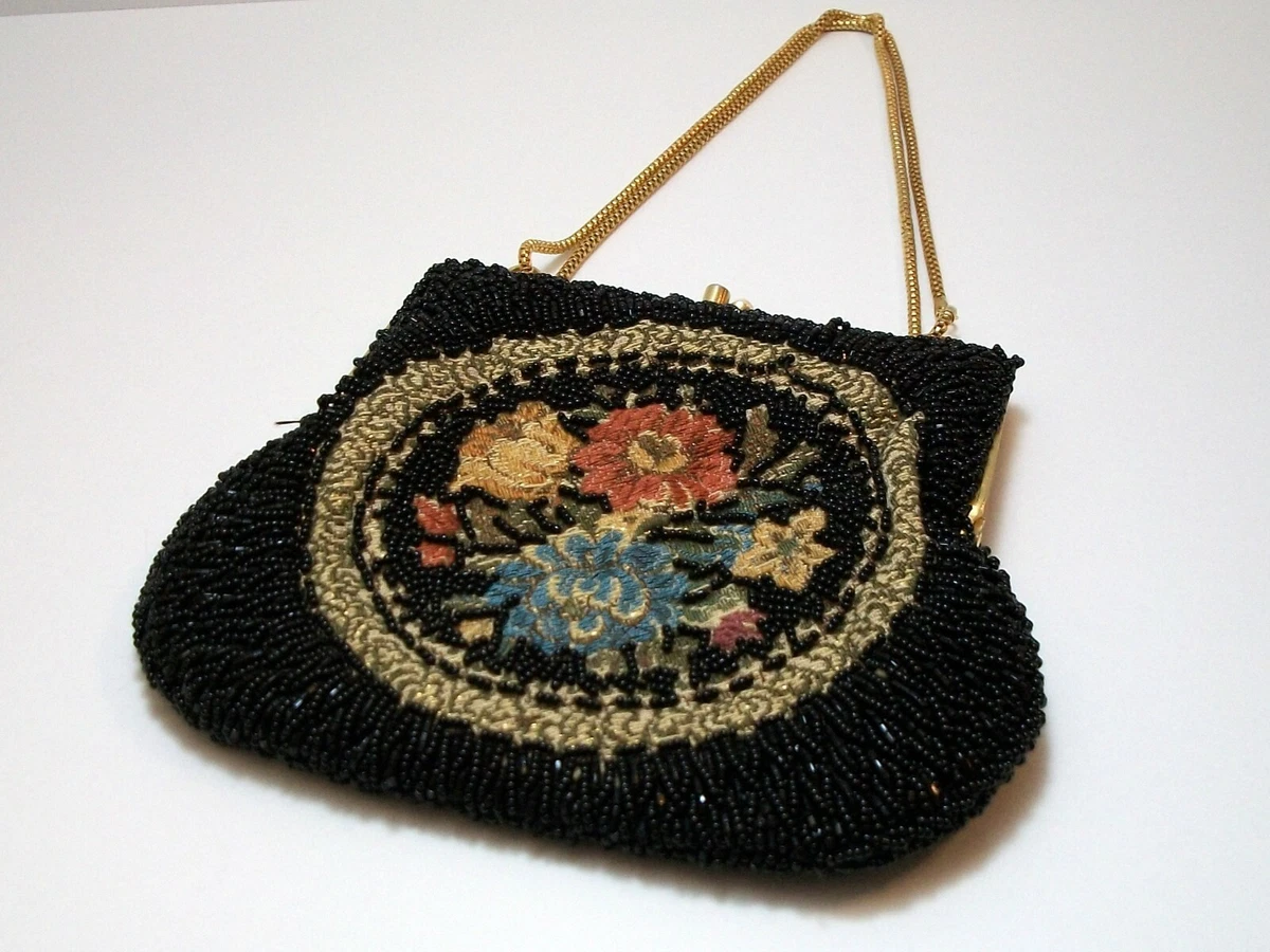 Le Regale Vintage Black Beaded Bag Purse Tapestry Gold Chain eBay