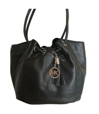 NEW MICHAEL KORS RING TOTE,BLACK LEATHER,GOLD MK LOGO,TASSEL,MED EW,SHOULDER BAG