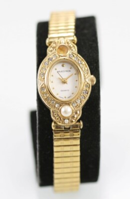 Halston Damen Uhr Gold Edelstahl Stretch Wasserfest Batterie Weiß Quarz