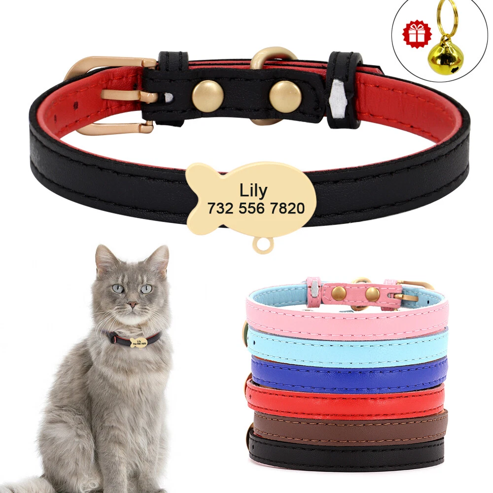 Personalised Cat Collar Soft Leather Free Engraving Name ID Tag