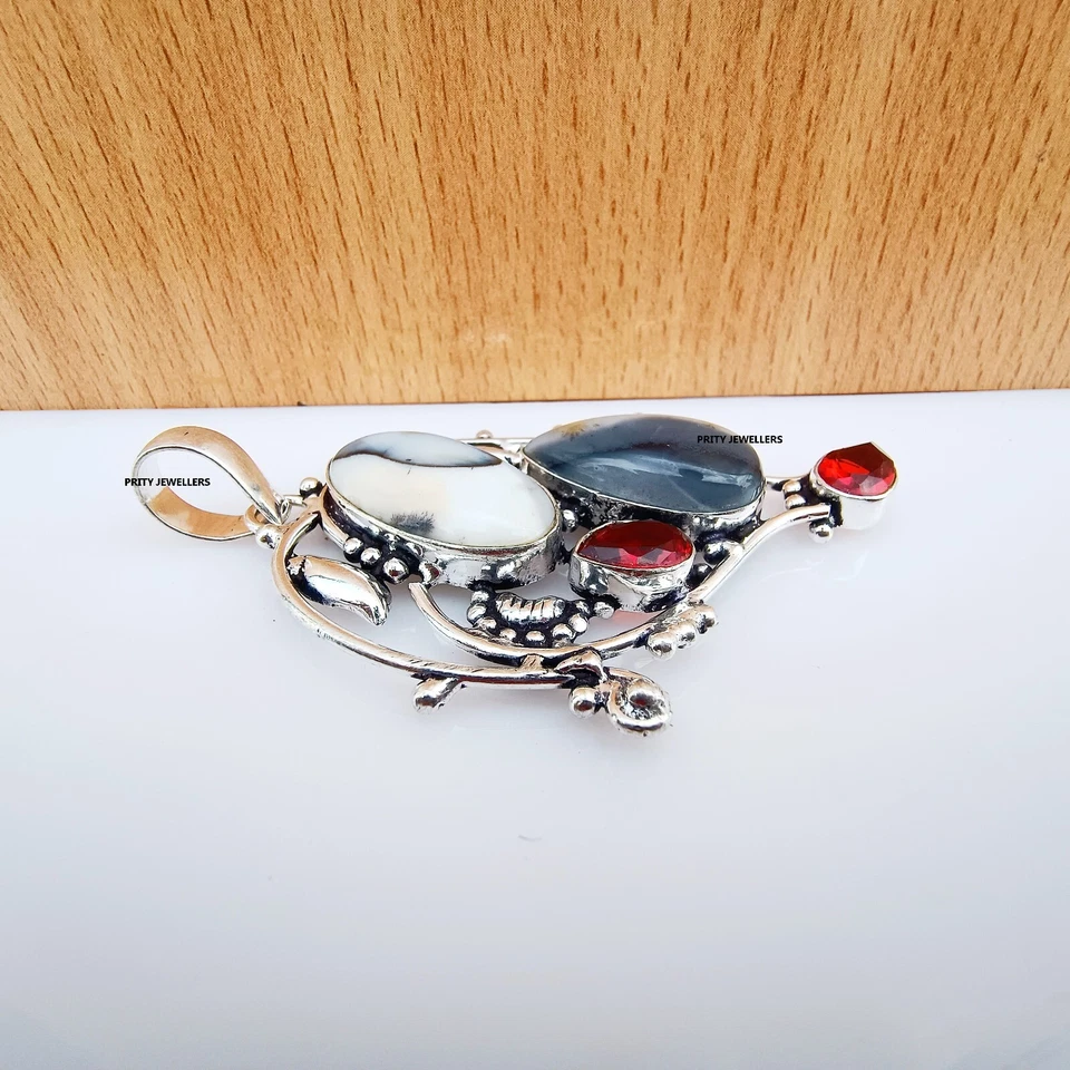 Подвеска посеребренная оникс с гранатом, большая антикварная подвеска/ожерелья ручной работы - Изображение 4 из 4