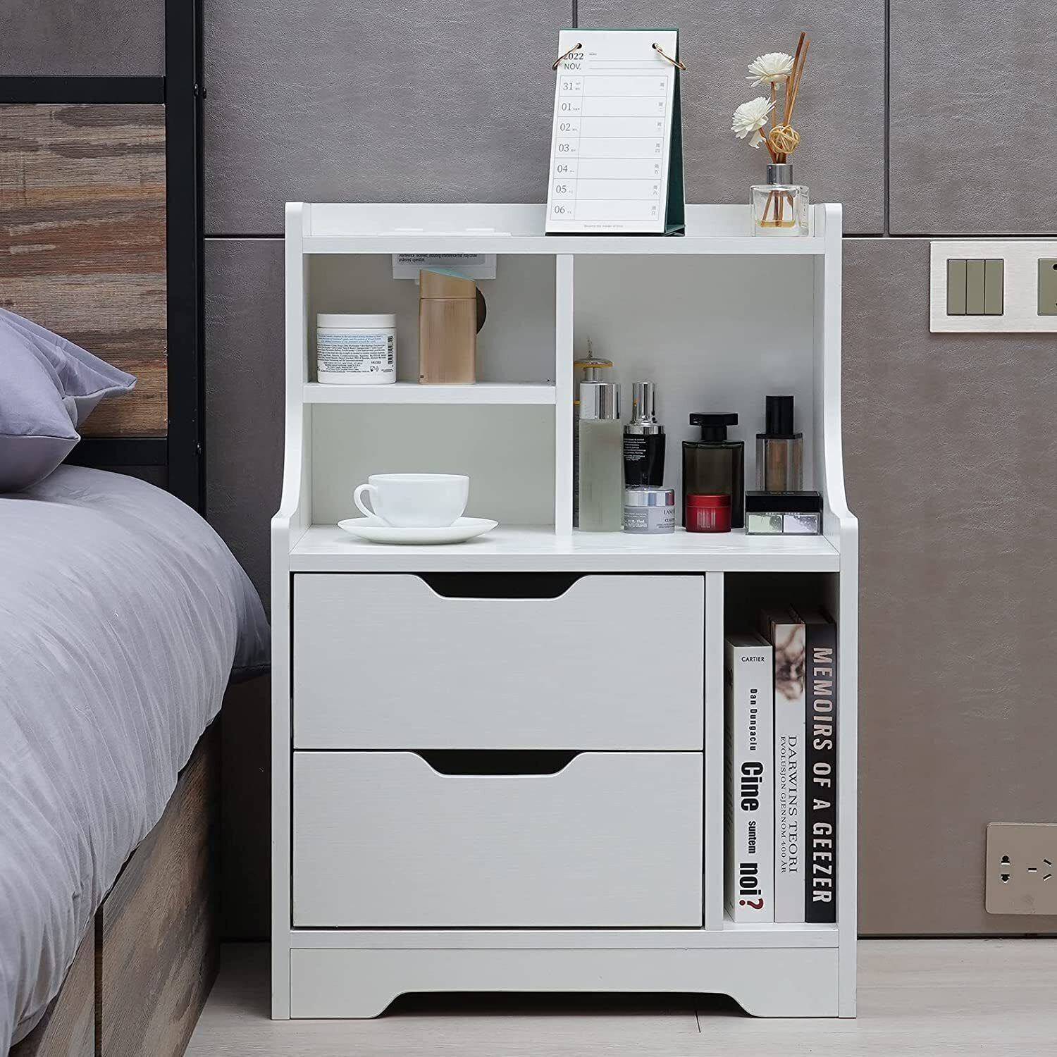 USB Charging Station Nightstand Bedside End Table Wood Cabinet with 2 Drawers-image