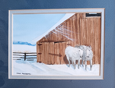  original watercolor painting  barn winter draft team horses Carol Proebstel