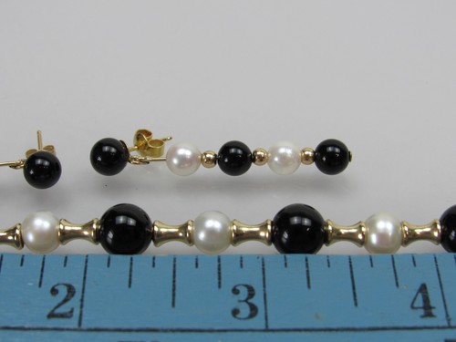 14k Gold Bead Pearl Onyx Bracelet & Dangle Earrings Matching Set PJS - Picture 11 of 17