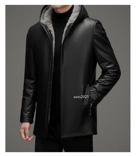 Winter New Sheepskin Jacket Mens Thickened Warm Hooded Leather Fur Lining Jacket - Picture 9 of 26