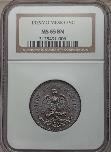 MEXICO ESTADOS UNIDOS  1929  5 CENTAVOS COIN NGC CERTIFIED GEM UNCIRCULATED MS65