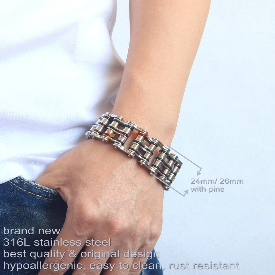 Pulsera de acero inoxidable con cadena de motocicleta para hombre ancha pesada plateada/negra 8,9" Foto 2 de 4