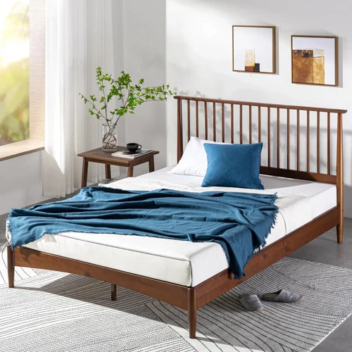 King Size Bed Frame Solid Wood Mid Century Modern Platform W Spindled Headboard