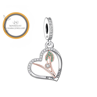 Be The Change Heart Dangle Charm, Heart Charm, Silver Charm, Women Gift Charm