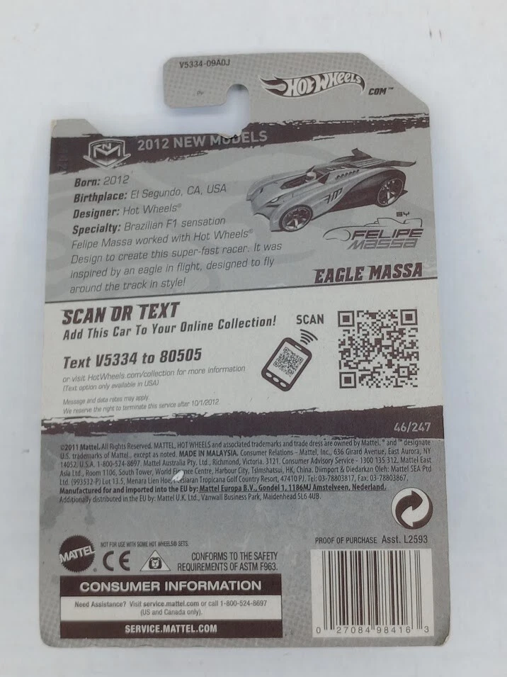 Hot Wheels #46 2012 nuevos modelos 46/50 Felipe Massa diseño EAGLE MASSA verde Varia Foto 3 de 3