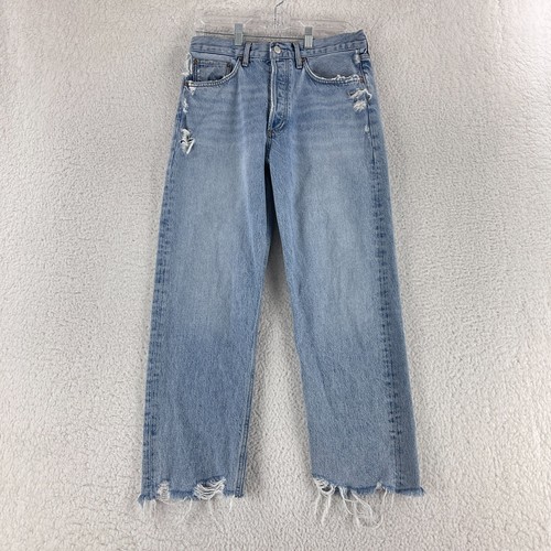 AGOLDE Blue Denim 90's Crop Straight Jeans Womens High Rise Frayed Hem Size 28