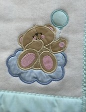VINTAGE White, Blue Satin Ribbon Edge FOREVER FRIENDS Baby Blanket Hallmark BEAR