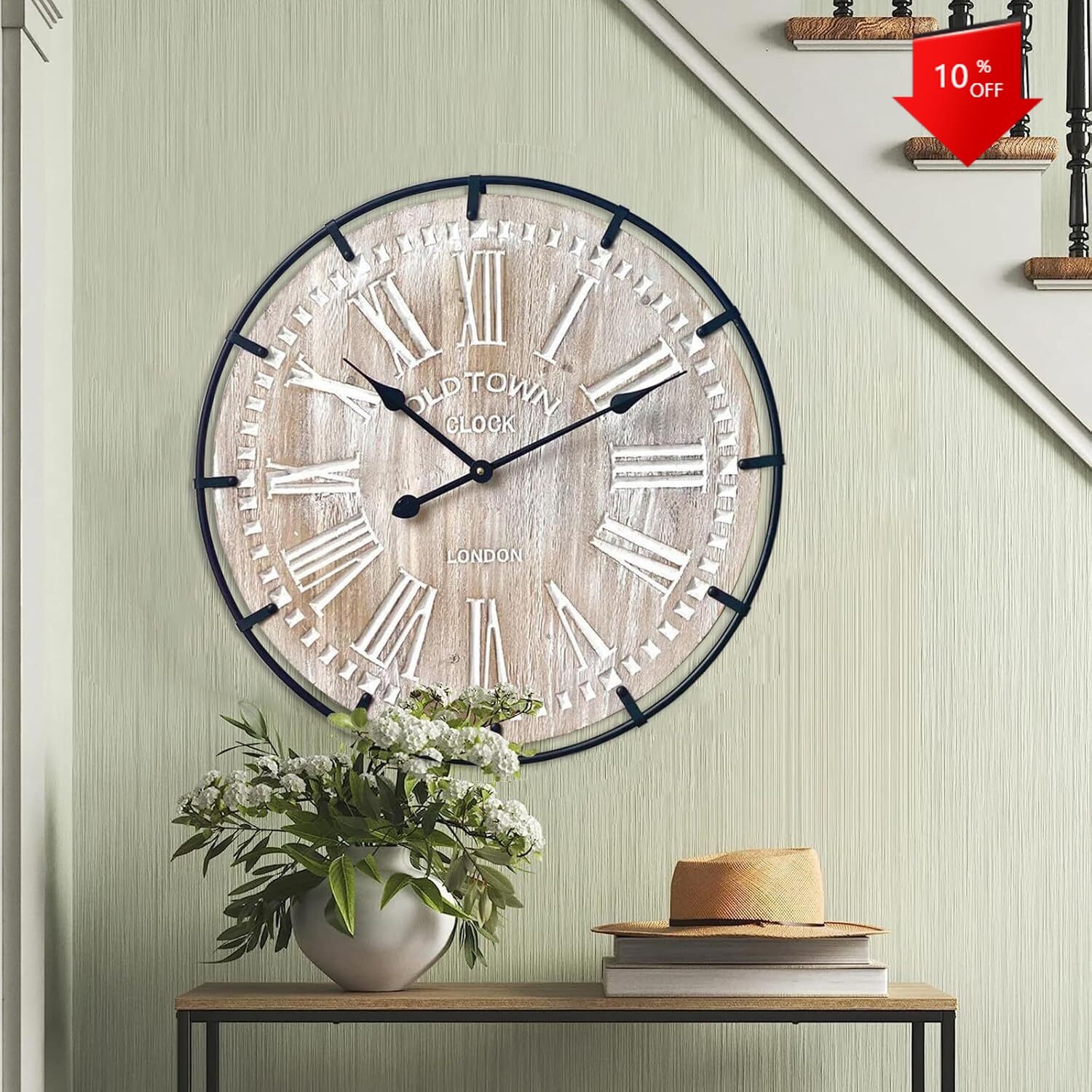 24 Inch Large Farmhouse Wall Clock, Rustic Antique Wood with Metal Circle and La