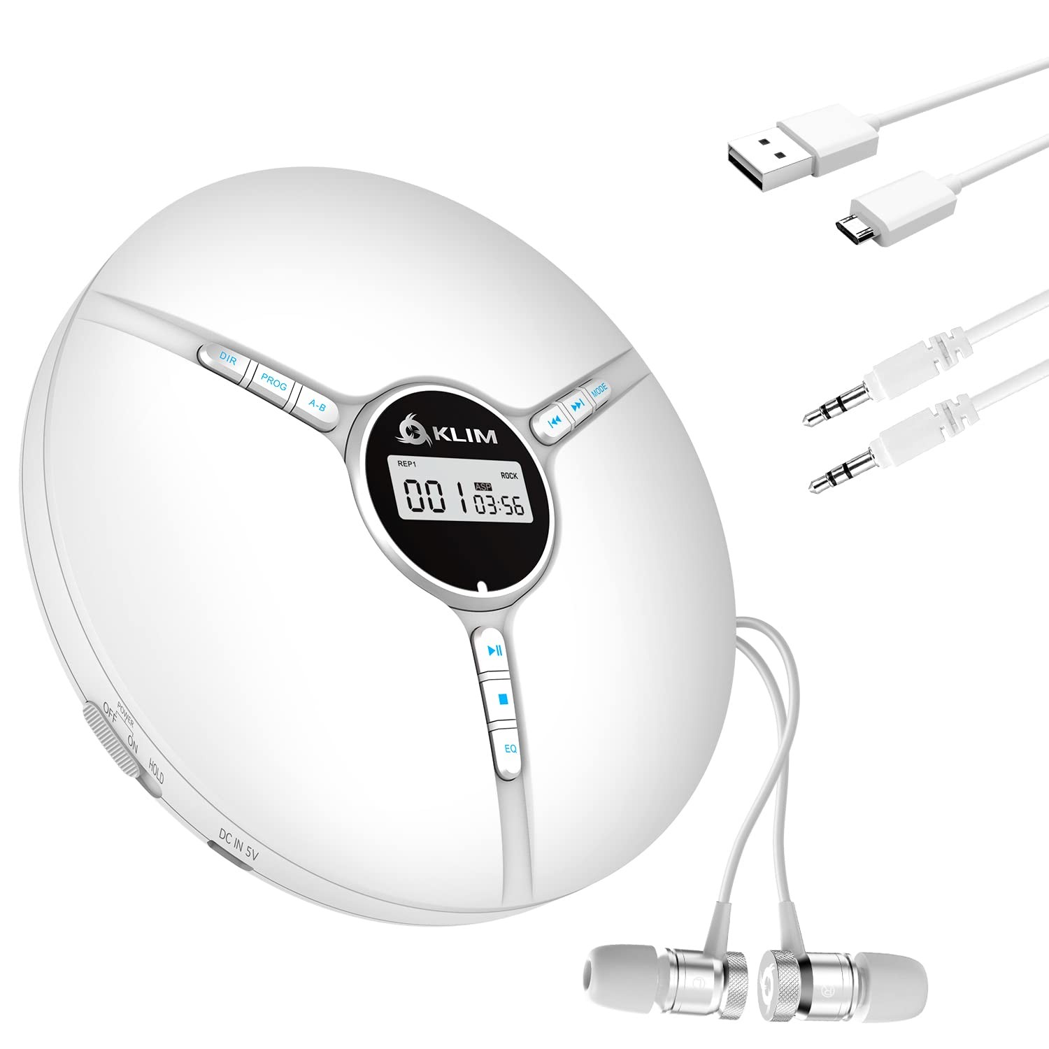 KLIM Discman Portable CD Player with Headphones, Without Headset, White