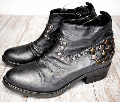 STRATEGIA Italy Metallic Gray Leather Western Studded Ankle Boots Women's 37