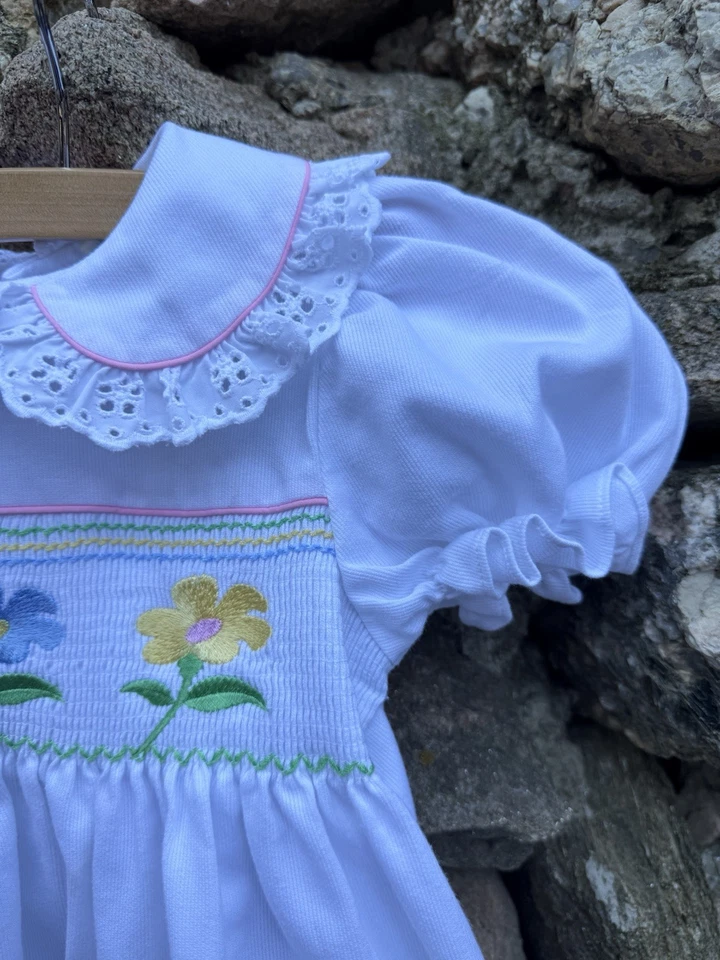 Vintage B.T. Kids Girl’s Dress White Pinwale Cotton Smocked Pastel Floral 3T/4T - Image 4 of 4