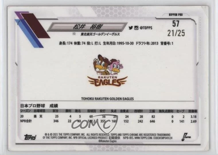 2021 Chrome NPB Nippon Professional Baseball Orange Refractor /25 Yuki Matsui - Image 2 of 2