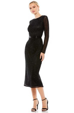 Mac Duggal 5530 Long Sleeve Lattice Beaded Midi Black Cocktail Sheath Dress Sz 4