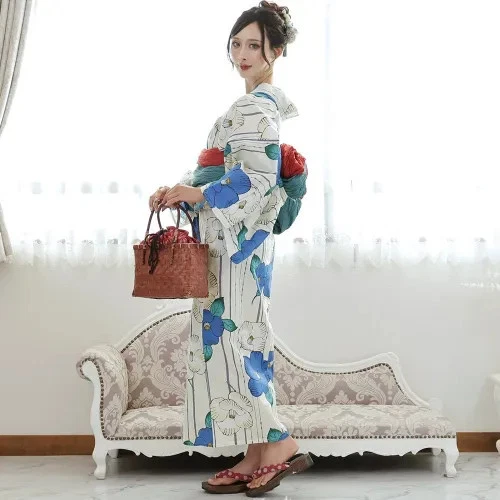 Japanese Yukata Kimono 3-piece set with a Striped Camellia Bright and Lovely - Image 3 of 4