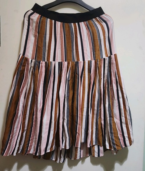 Ellis & Dewey Maxi Skirt Striped S Boho Pink brown Tiered Ruffle Fairy Country 