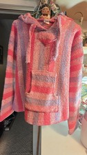 PONCHO HOODIE CHUNKY KNIT WOMENS PINK MADE IN MEXICO