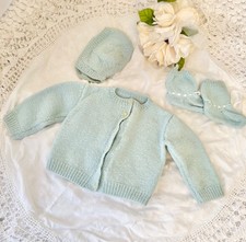 Vintage 50's 100 WOOL Blue Baby Cardigan sweater SET Hat  Booties 3-6 mo