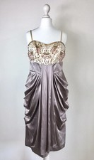 Monsoon Silk Dress 10-12 UK Lilac Taupe Draped Flattering Beaded Cocktail Cruise