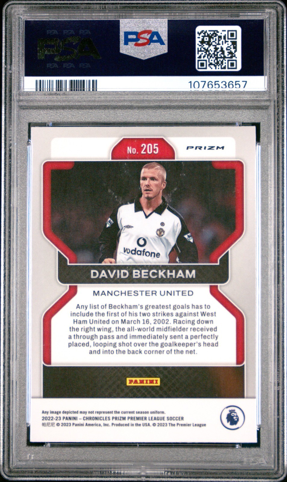 2022-23 Panini Chronicles Prizm David Beckham Purple Mojo PSA 10 Gem Mint view 2